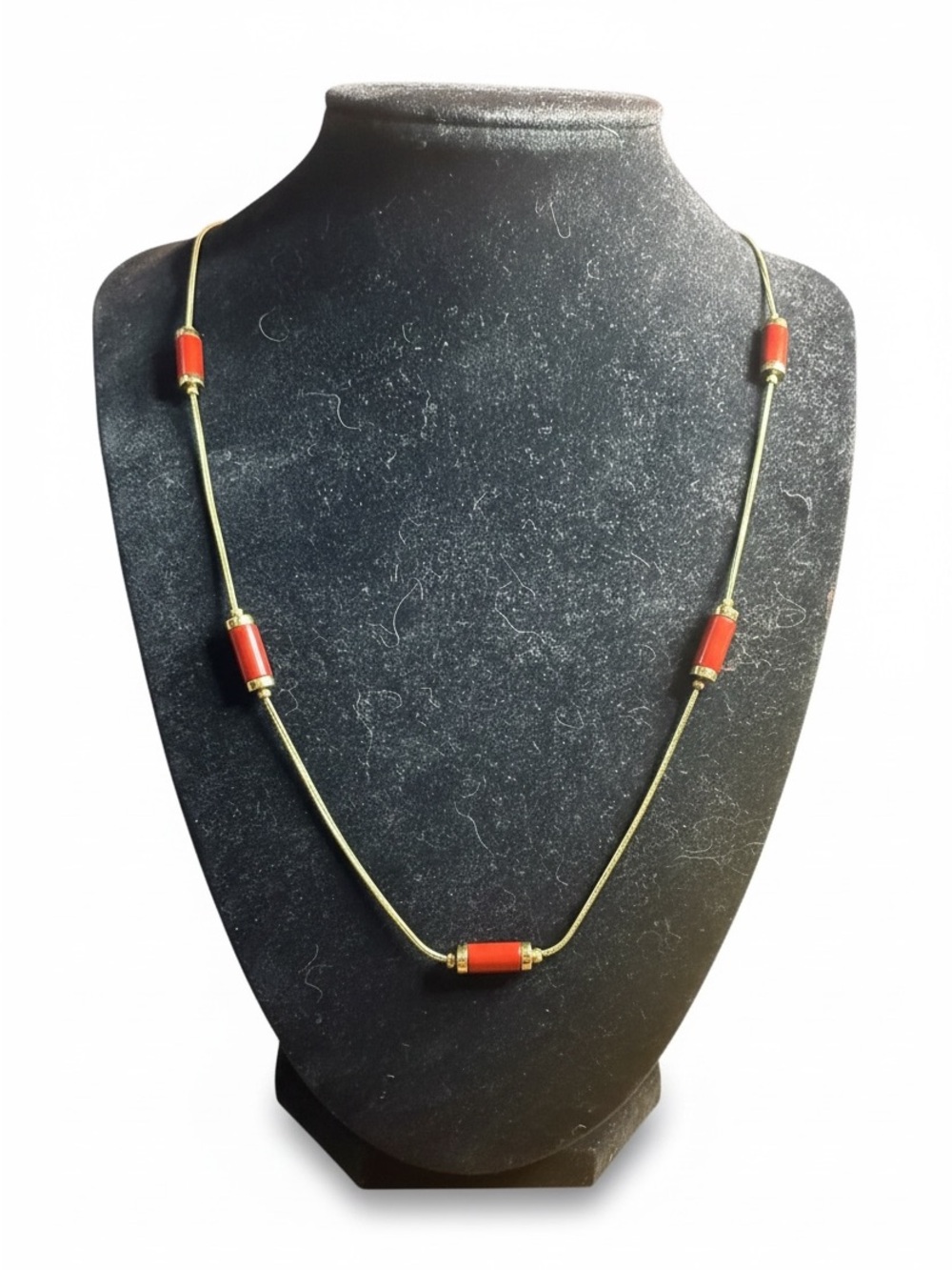 Napier Gold Tone Snake Chain Necklace Red Barrel Beads Minimalist Vintage 22 in